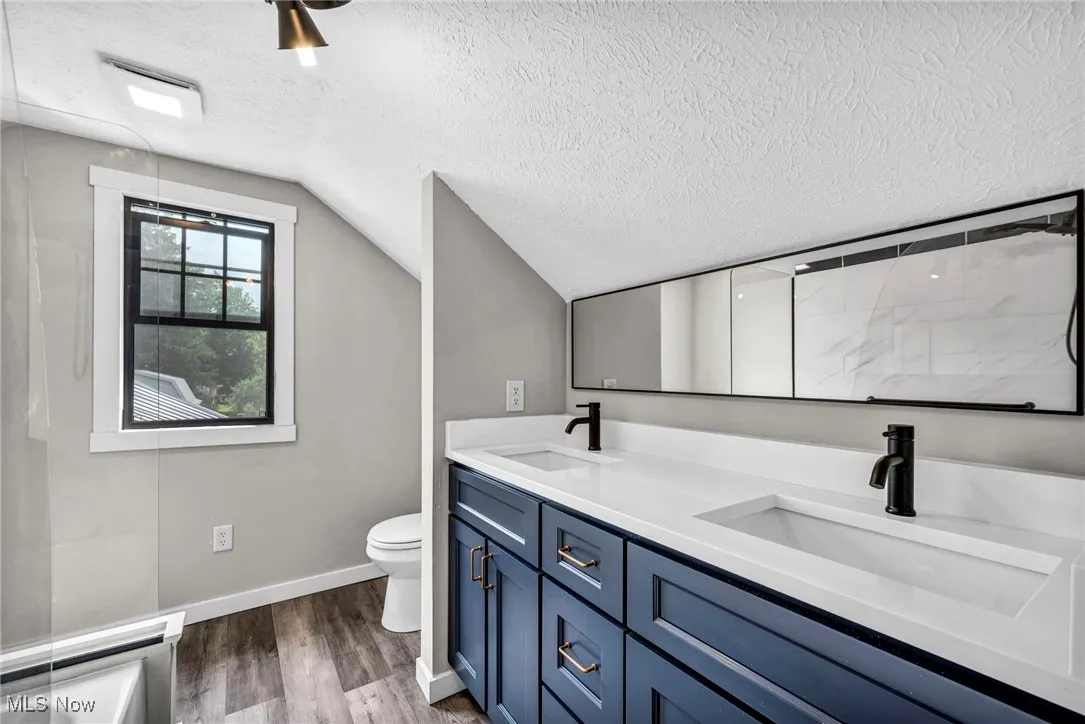 Full bathroom with a textured ceiling, double vanity, vaulted ceiling, and wood finished floors