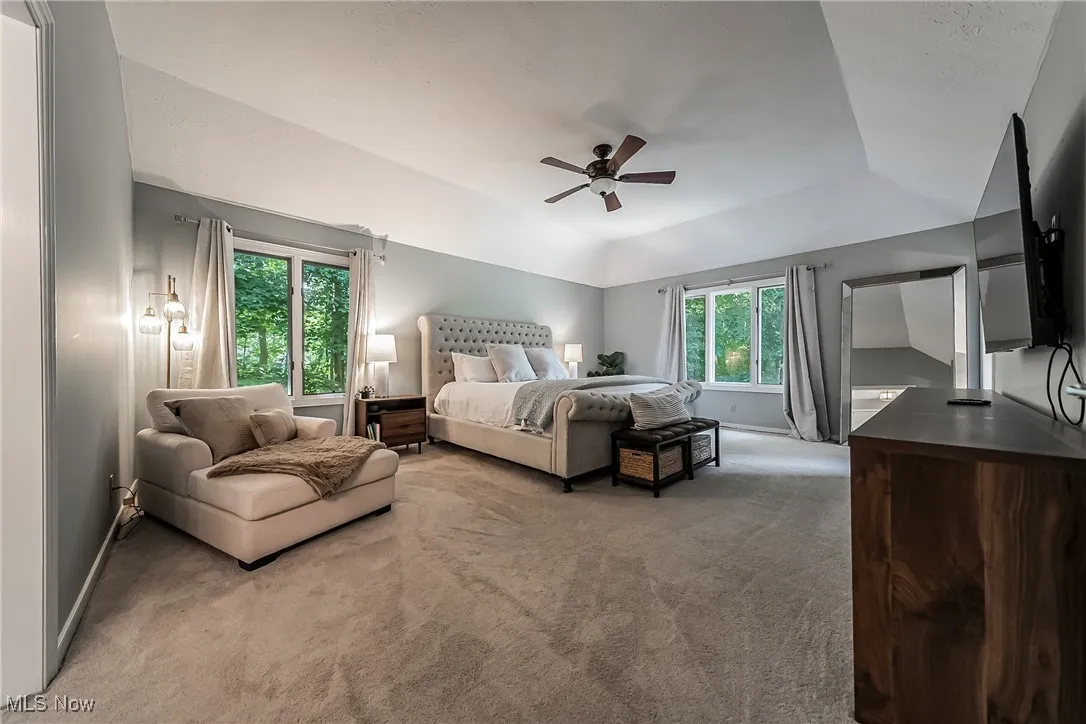 Large Primary Bedroom featuring light colored carpet, a ceiling fan, and a tray ceiling