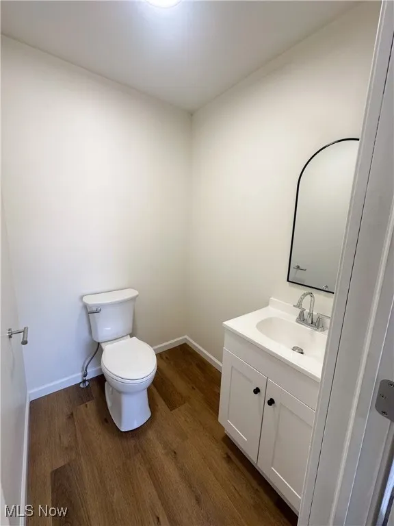 Bathroom with vanity and dark wood-style flooring