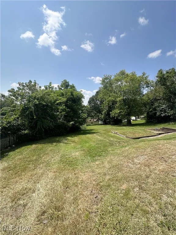 View of grassy yard with view of wooded area