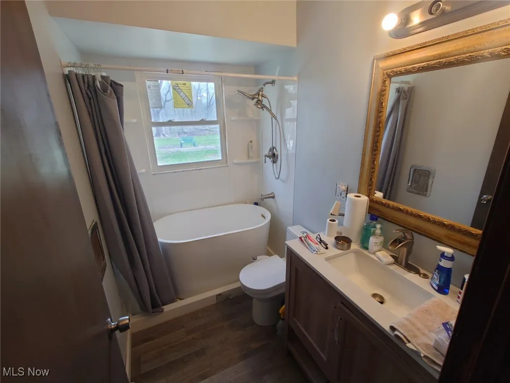 Full bath with vanity, dark wood-style floors, and a combined bath / shower with freestanding tub