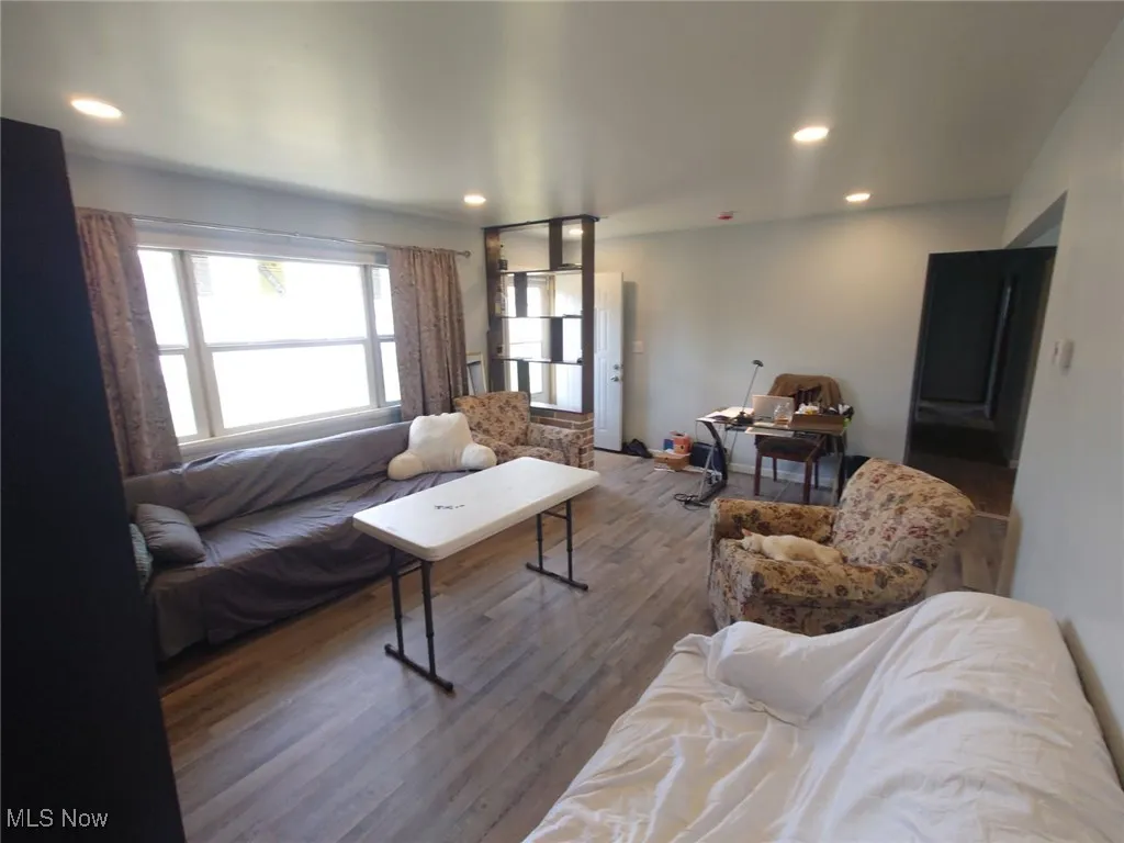 Living area with wood finished floors and recessed lighting