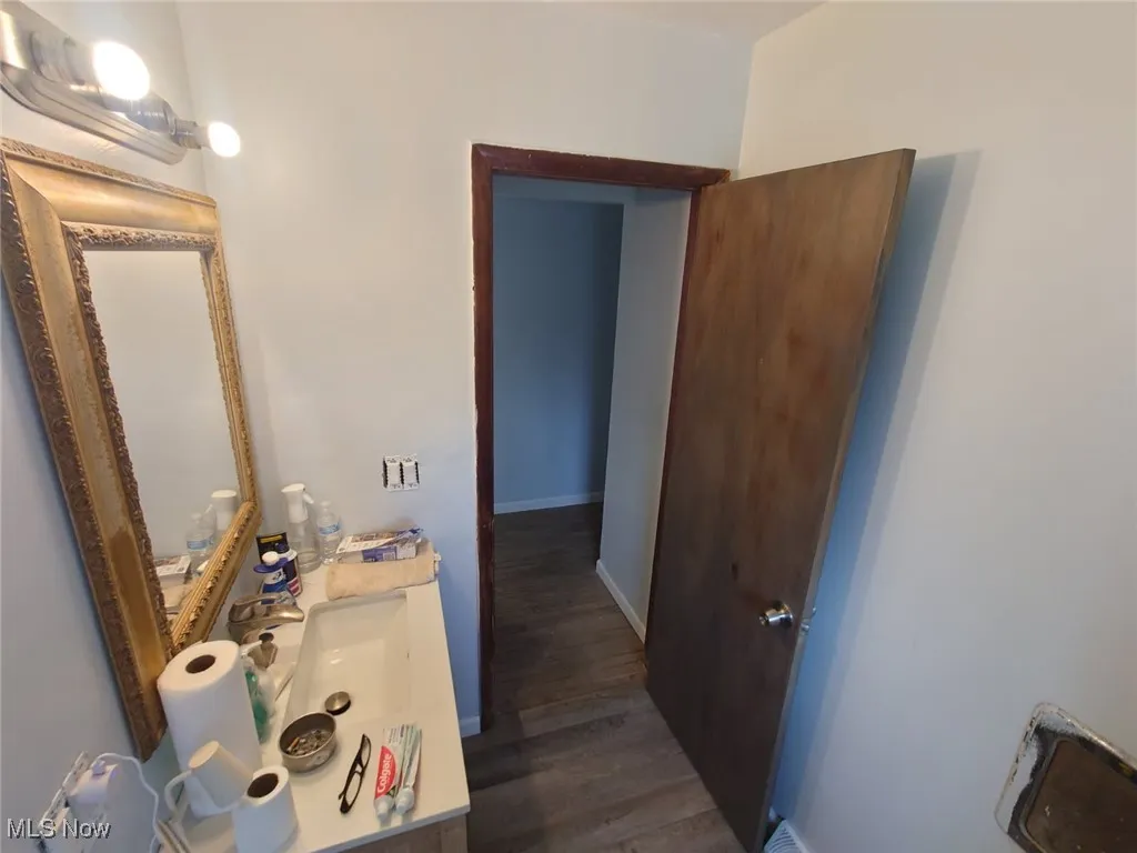 Bathroom featuring dark wood-style flooring and vanity