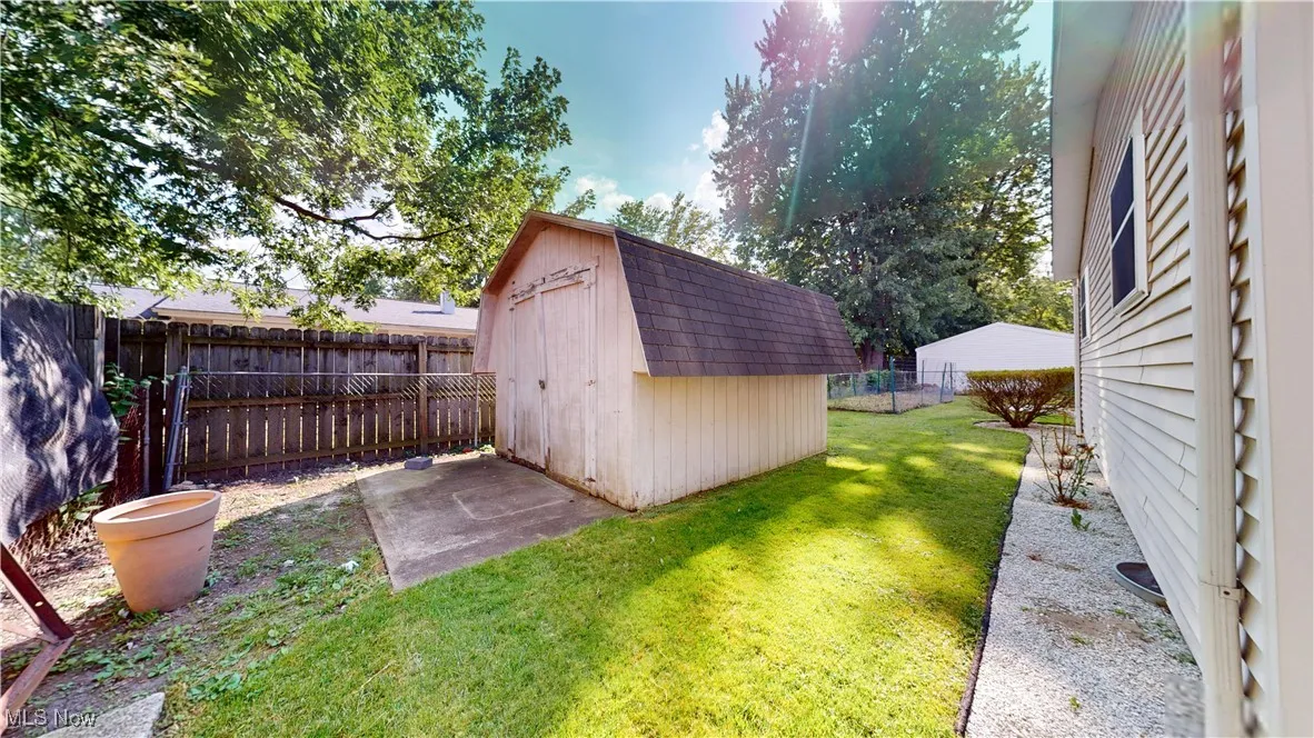 View of shed featuring a fenced backyard