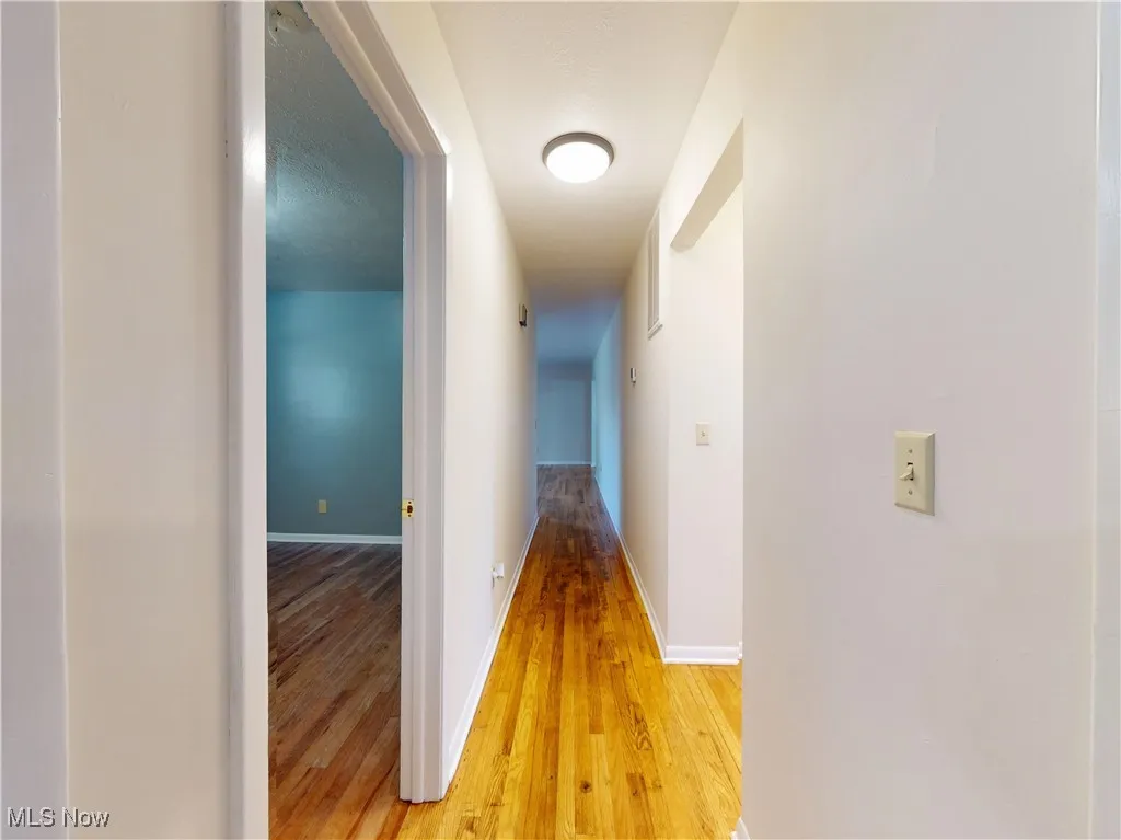 Hall with light wood-style floors and baseboards