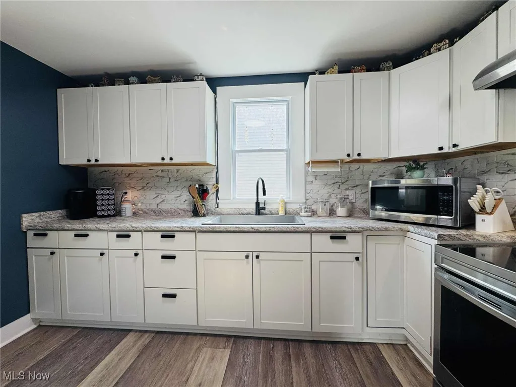 Kitchen with white cabinetry, stainless steel appliances, dark wood-type flooring, and decorative backsplash