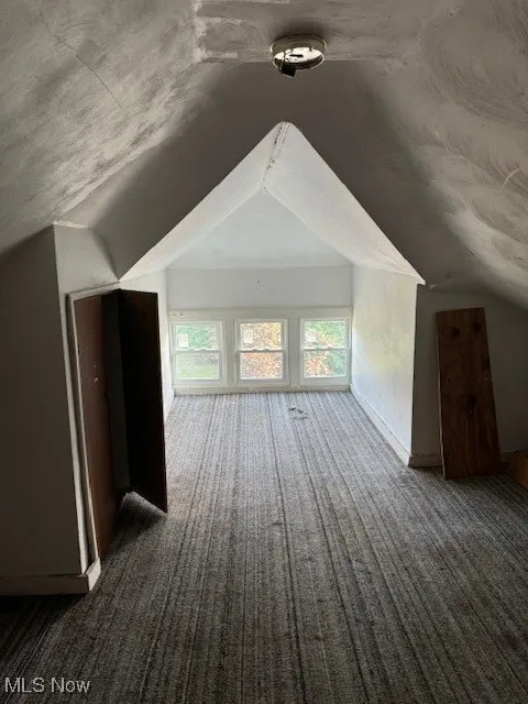 Bonus room with vaulted ceiling and dark carpet