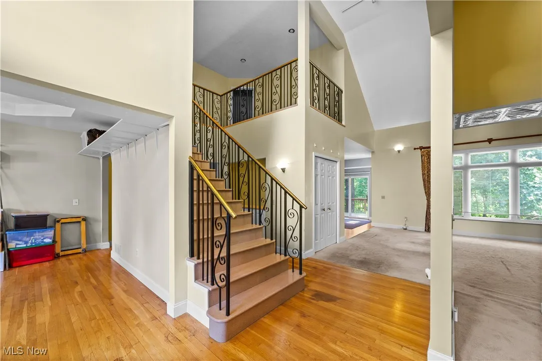 Staircase featuring a high ceiling, wood finished floors, and carpet flooring