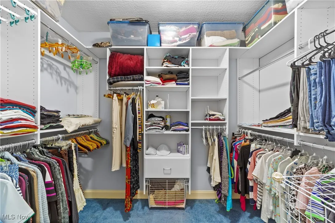 Walk in closet featuring dark carpet