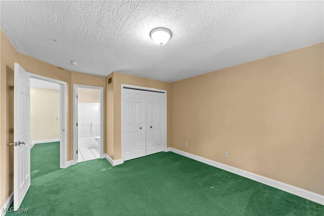 Unfurnished bedroom with carpet floors, a textured ceiling, and a closet
