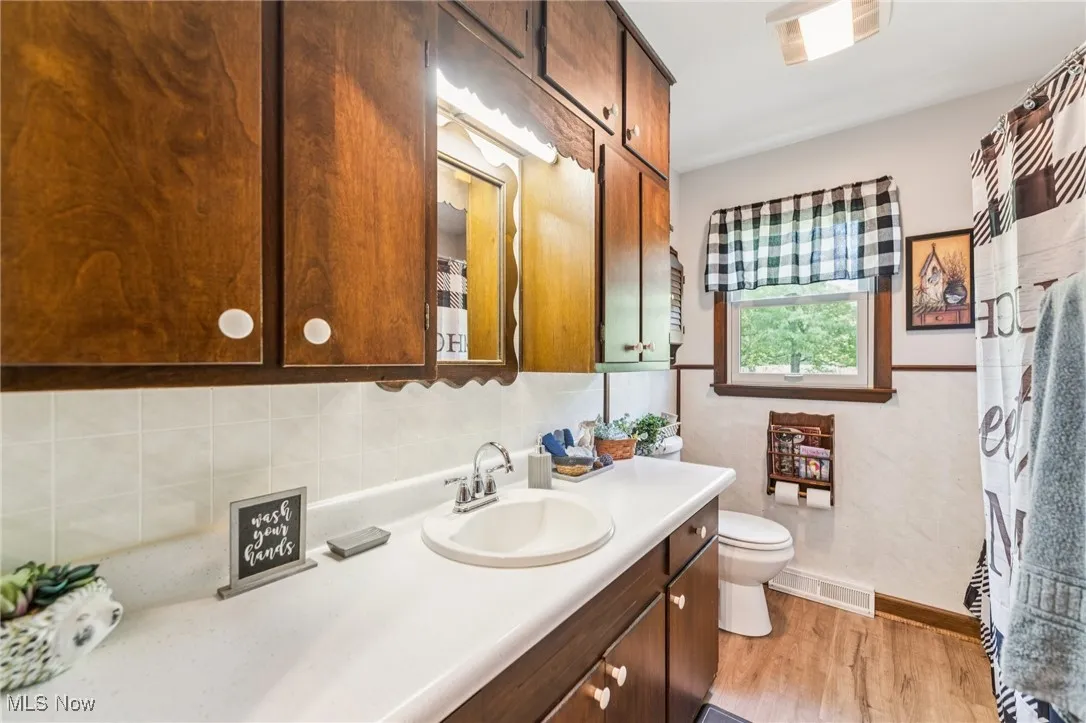 Bathroom featuring vanity, wood finished floors, and curtained shower