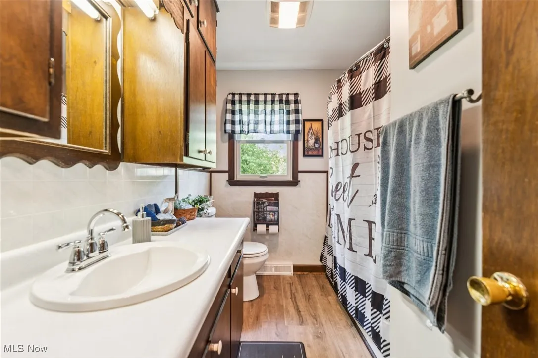 Bathroom with vanity, wood finished floors, and a shower with curtain