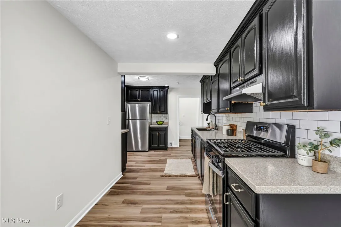 Kitchen with dark cabinets, appliances with stainless steel finishes, tasteful backsplash, light wood finished floors, and under cabinet range hood