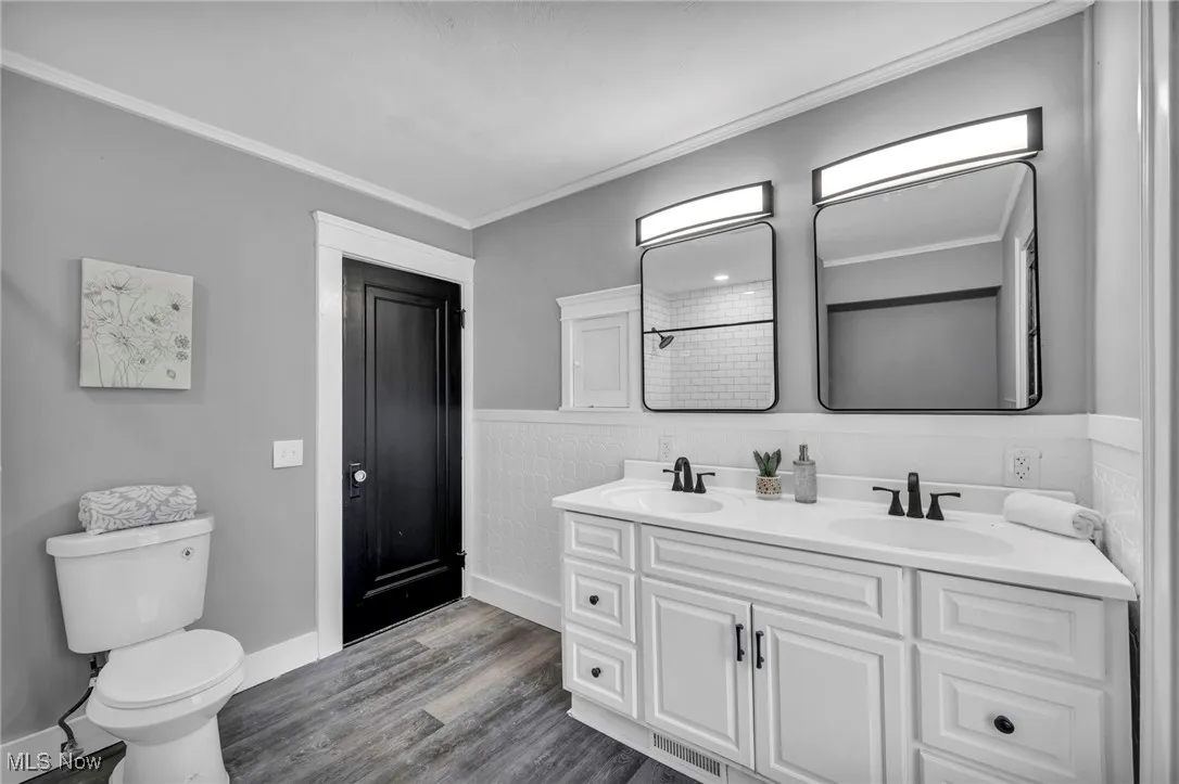 Bathroom featuring ornamental molding, dark wood-style flooring, and wainscoting
