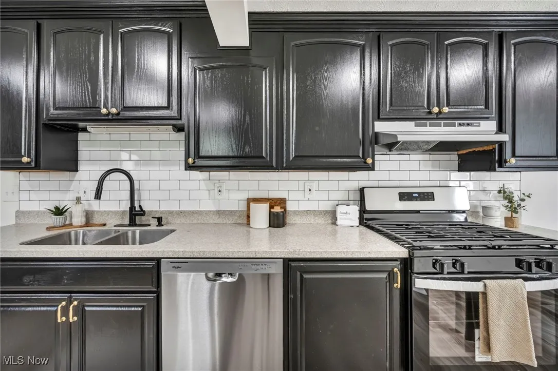 Kitchen featuring appliances with stainless steel finishes, tasteful backsplash, light stone countertops, under cabinet range hood, and dark cabinets