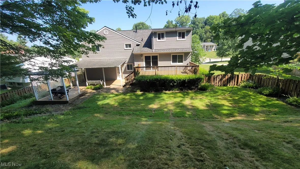 Rear view of property with a fenced backyard, a deck, and a shingled roof