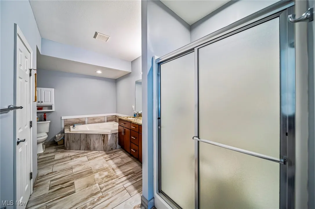 Full bathroom featuring a shower stall, vanity, a bath, and wood tiled floors