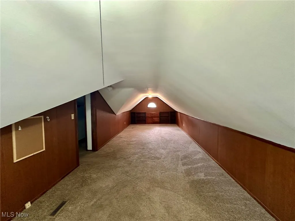 Bonus room with wood walls, carpet, and vaulted ceiling
