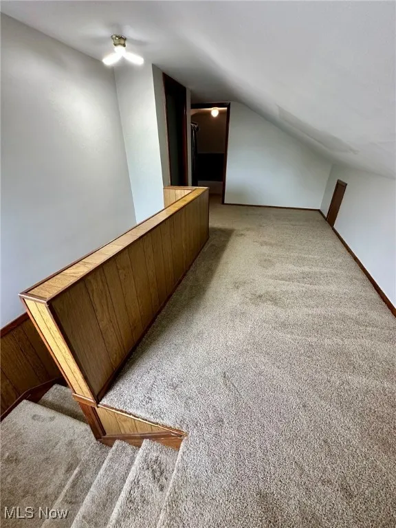 Bonus room featuring light colored carpet and vaulted ceiling