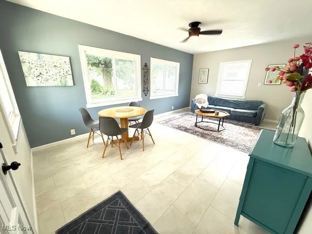 Dining area featuring baseboards and a ceiling fan