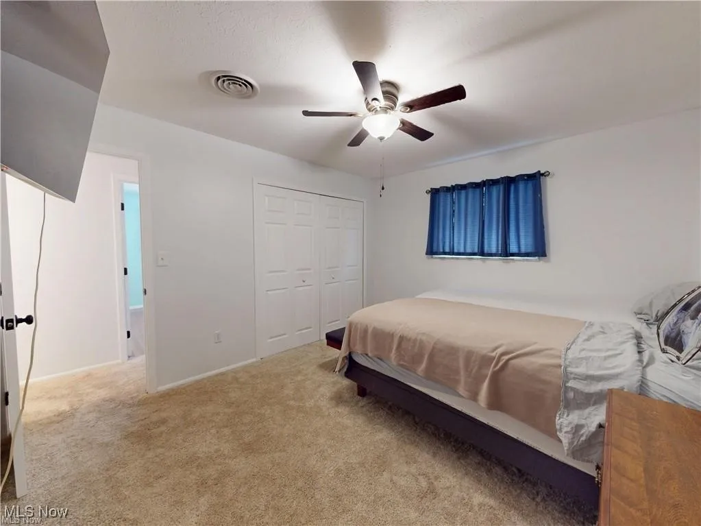Carpeted bedroom with a closet and a ceiling fan