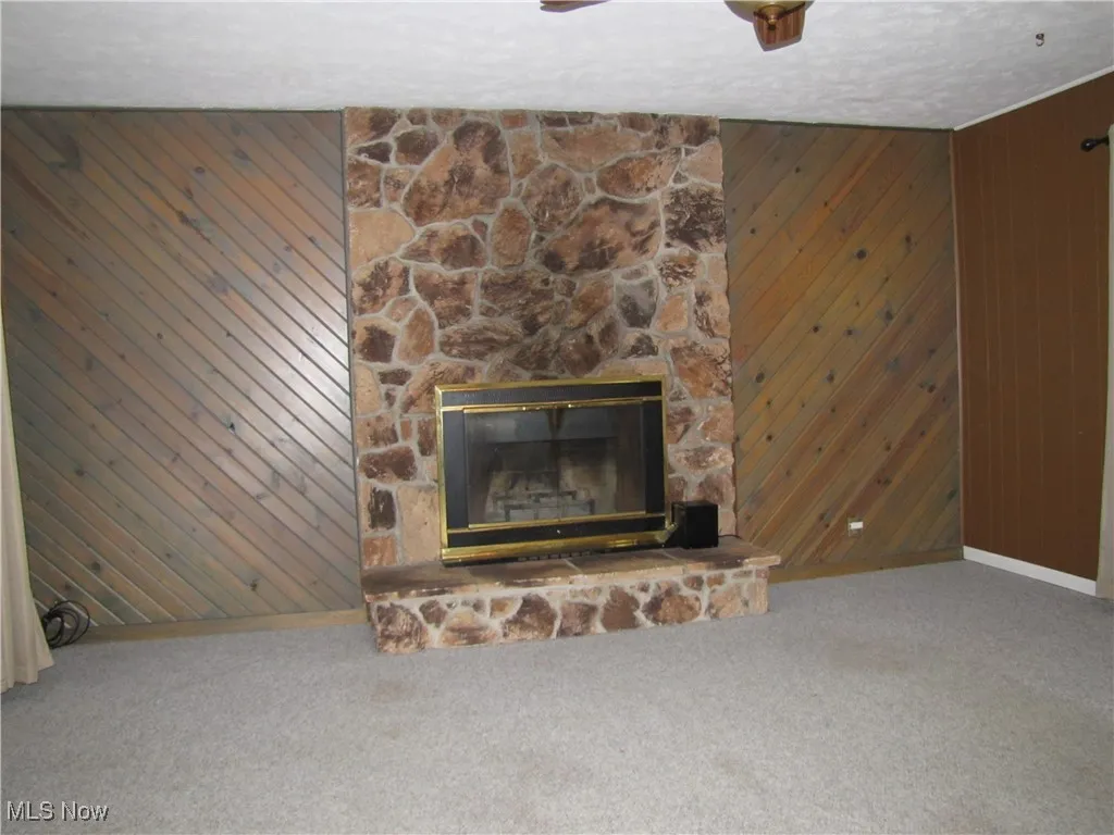 Detailed view of wooden walls, carpet flooring, a stone fireplace, and a textured ceiling