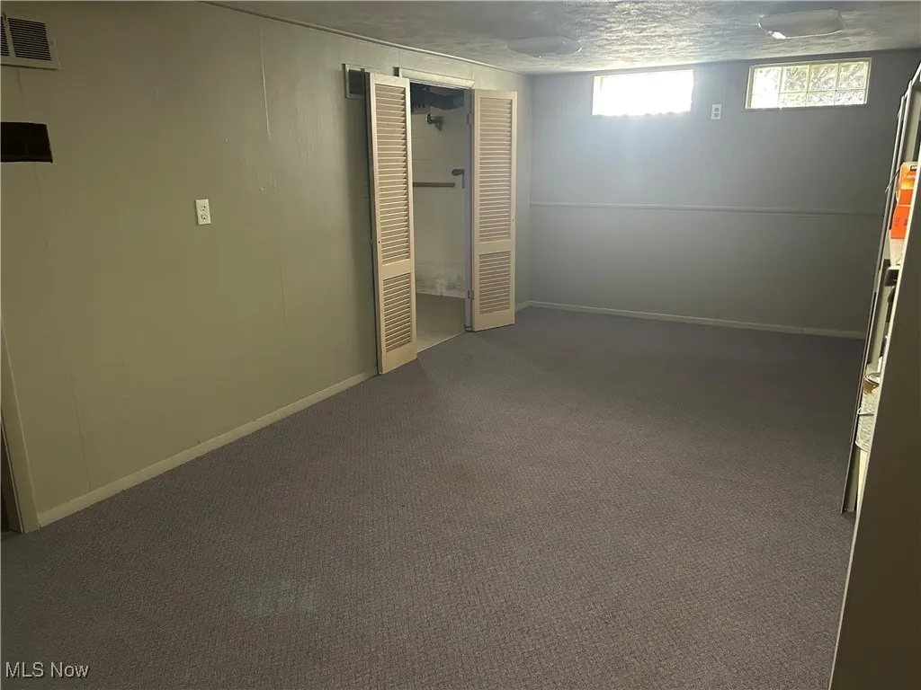 Basement featuring dark colored carpet
