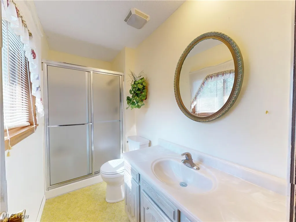 Full bath with vanity and a stall shower