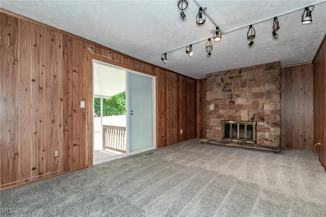 Family room featuring wood walls, carpet floors, a stone fireplace, and sliding glass door to backyard.