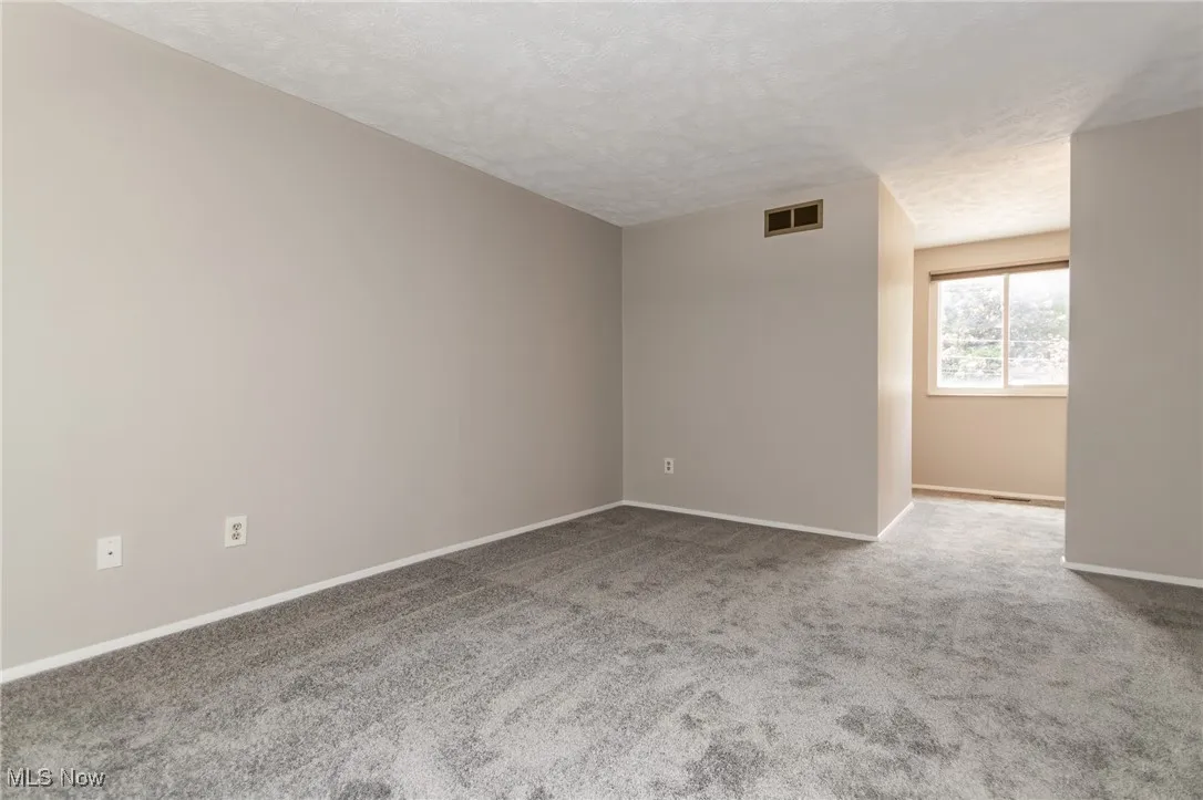 Unfurnished room featuring a textured ceiling and light carpet