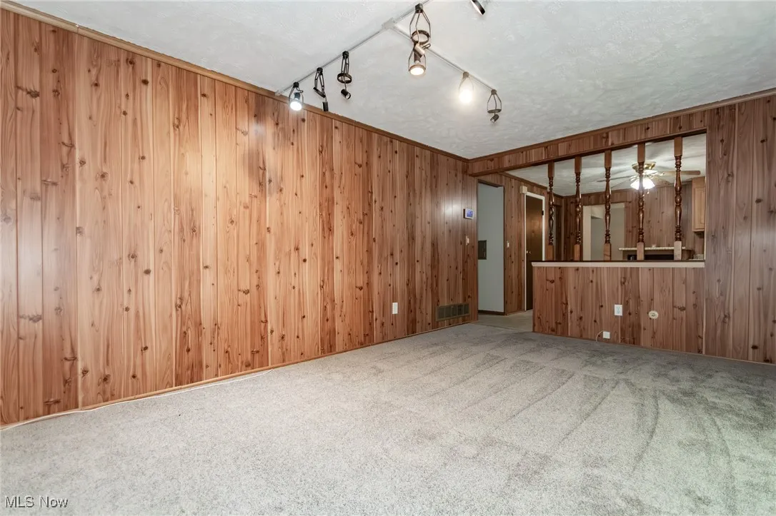 Family room featuring paneled walls, carpet flooring, and view of kitchen