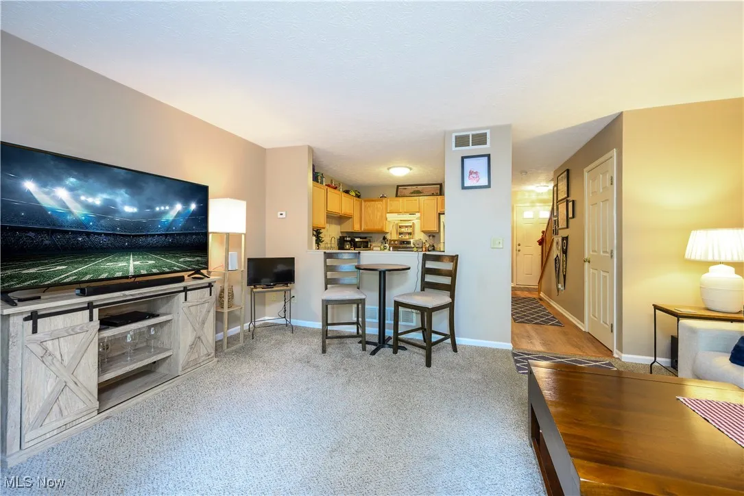 Living area with light colored carpet and baseboards