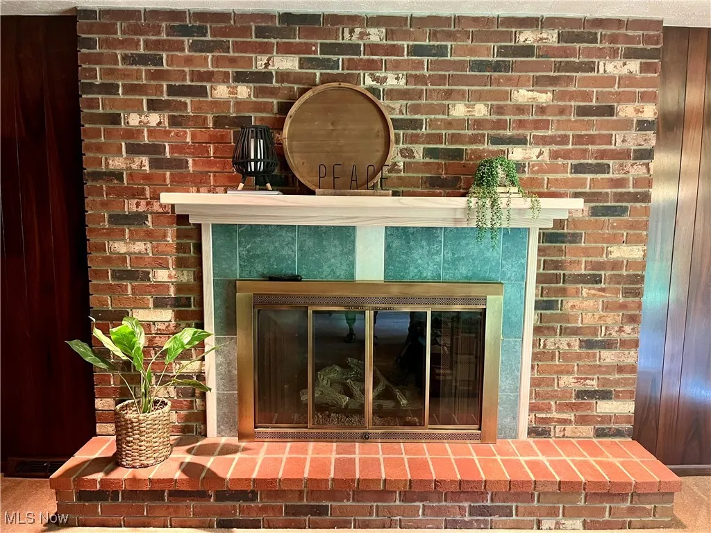 Detailed view of a fireplace and carpet flooring