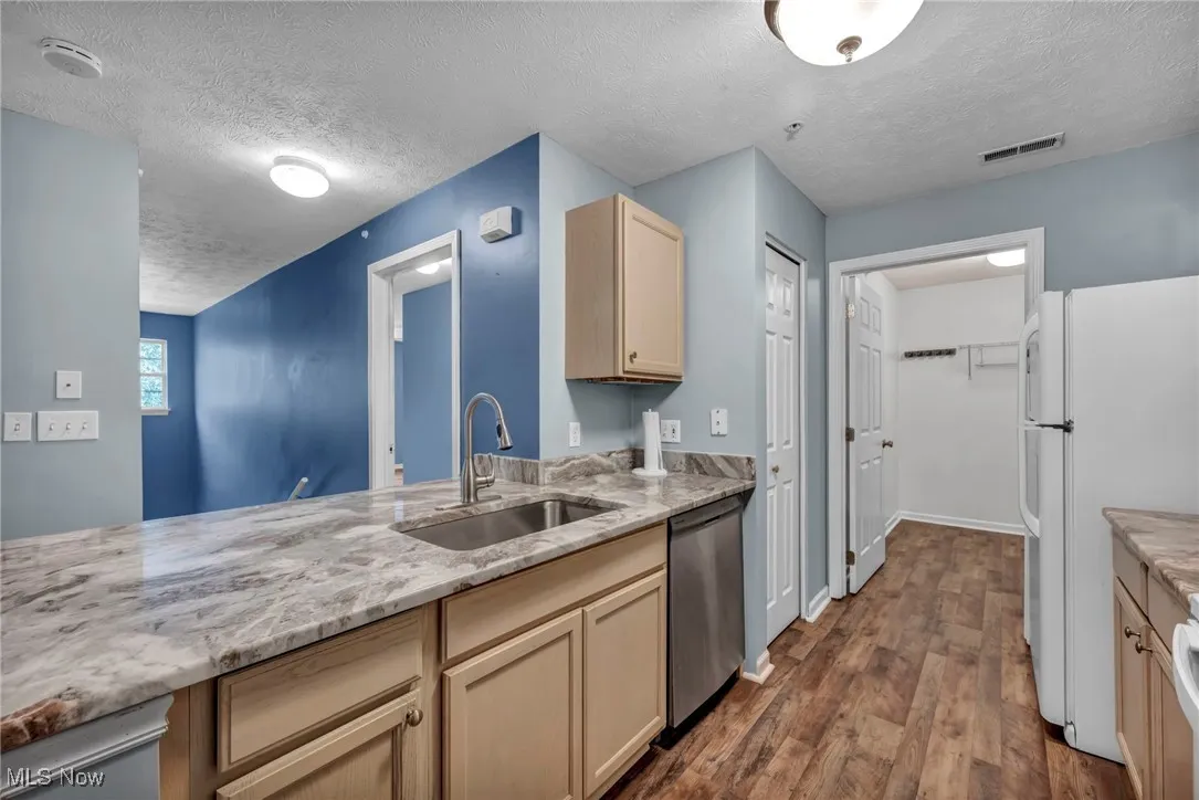 Kitchen with light brown cabinets, a textured ceiling, dark wood-type flooring, freestanding refrigerator, and stainless steel dishwasher