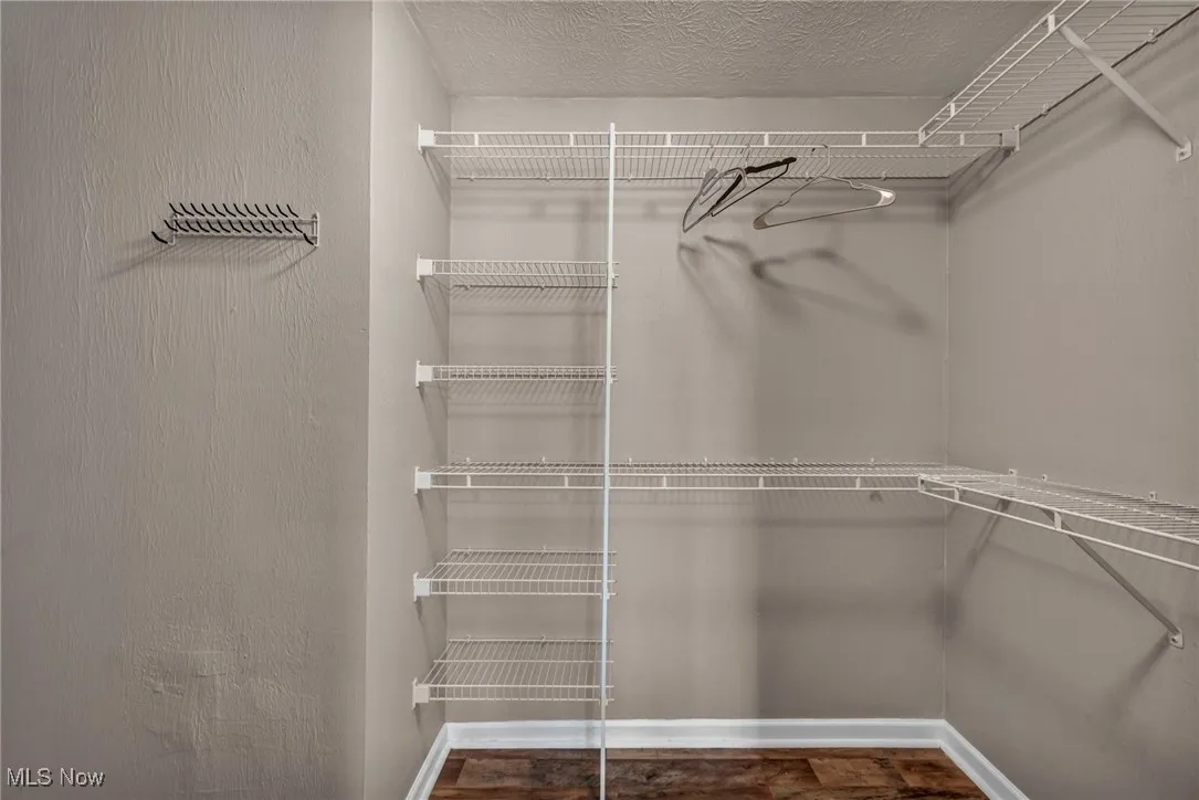 Walk in closet with dark wood-type flooring