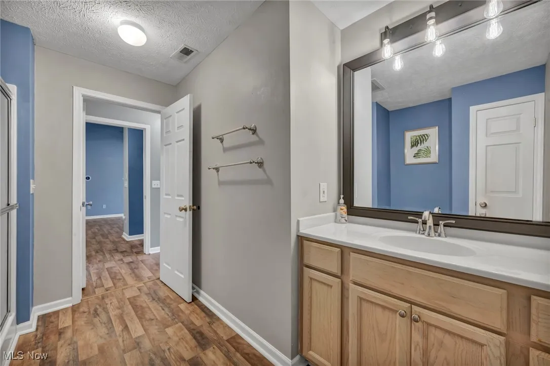 Full bathroom featuring vanity, a textured ceiling, and dark wood-style floors