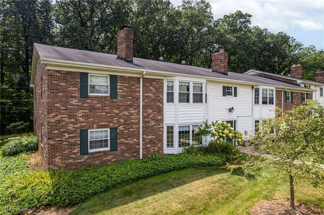 Back of house featuring a chimney, brick siding, and a yard