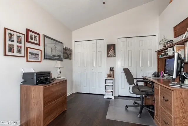 Home office featuring lofted ceiling and dark wood-type flooring