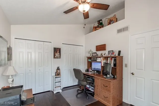 Office space featuring dark wood-style floors, vaulted ceiling, and a ceiling fan