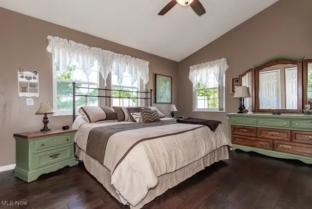 Bedroom featuring lofted ceiling, dark wood finished floors, and ceiling fan