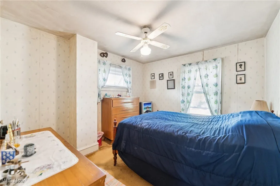 Carpeted bedroom with a ceiling fan