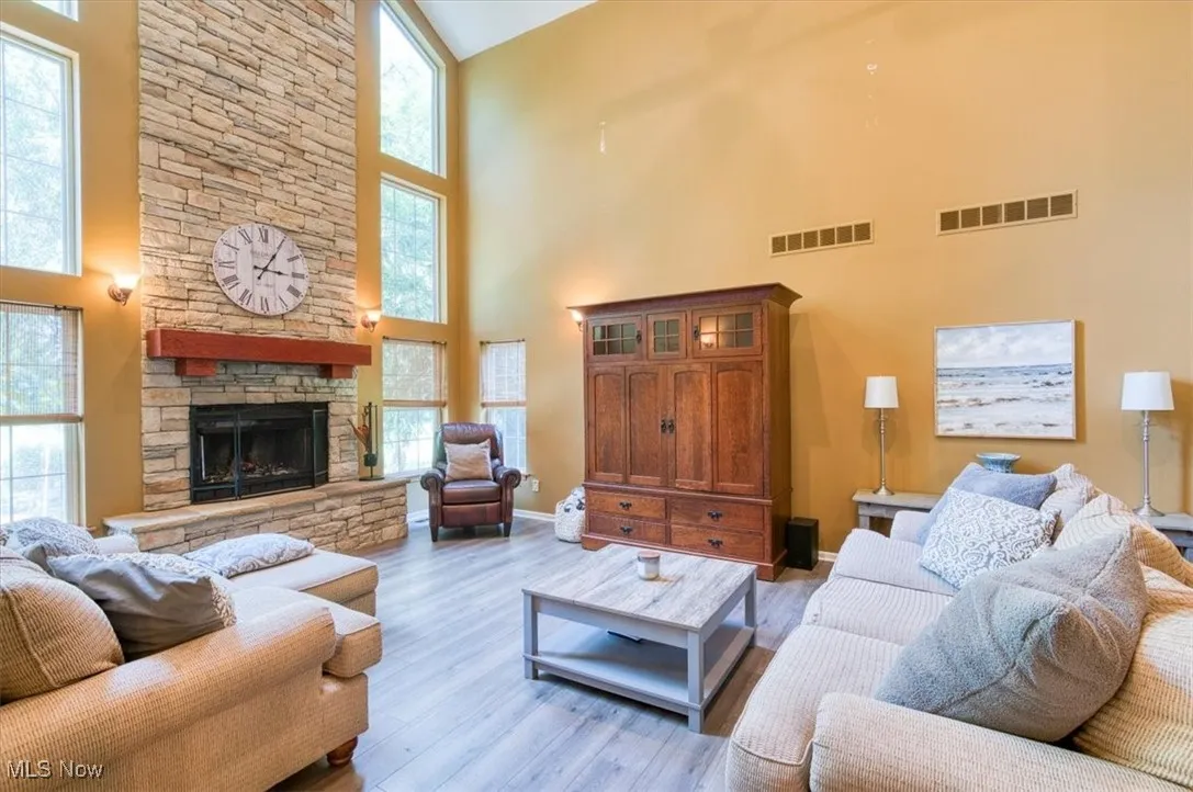 Living area featuring plenty of natural light, wood finished floors, a towering ceiling, and a stone fireplace