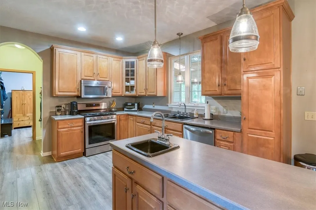 Kitchen featuring appliances with stainless steel finishes, hanging light fixtures, glass insert cabinets, light wood-style floors, and brown cabinets