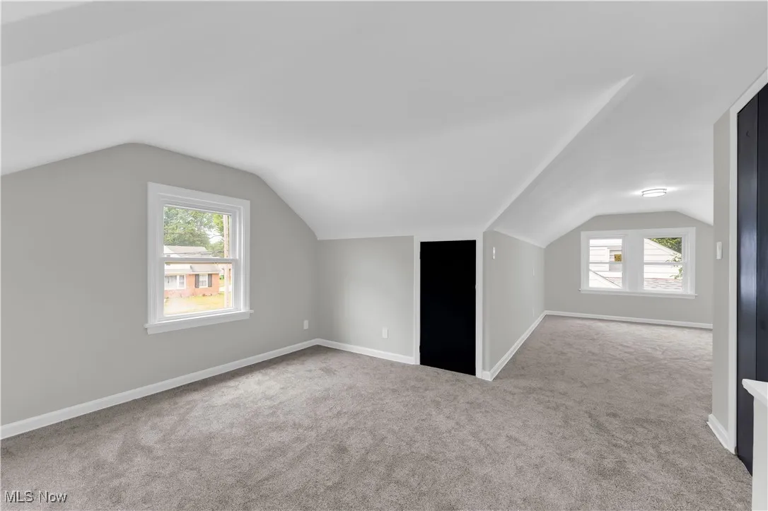 Additional living space featuring lofted ceiling and light carpet