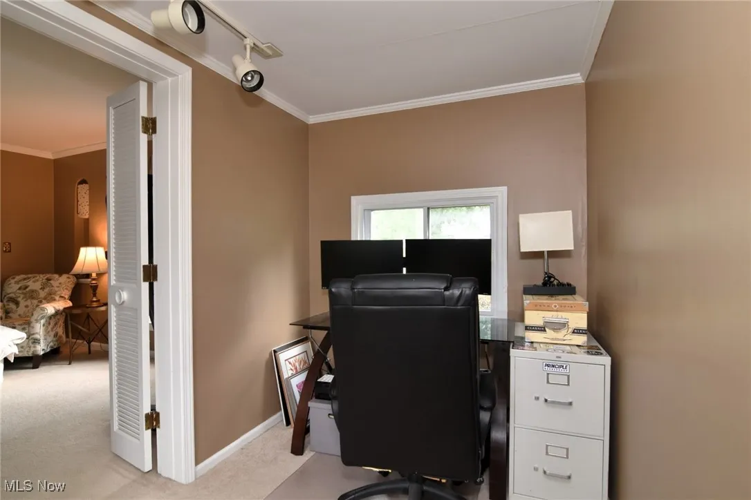Home office featuring ornamental molding and light carpet