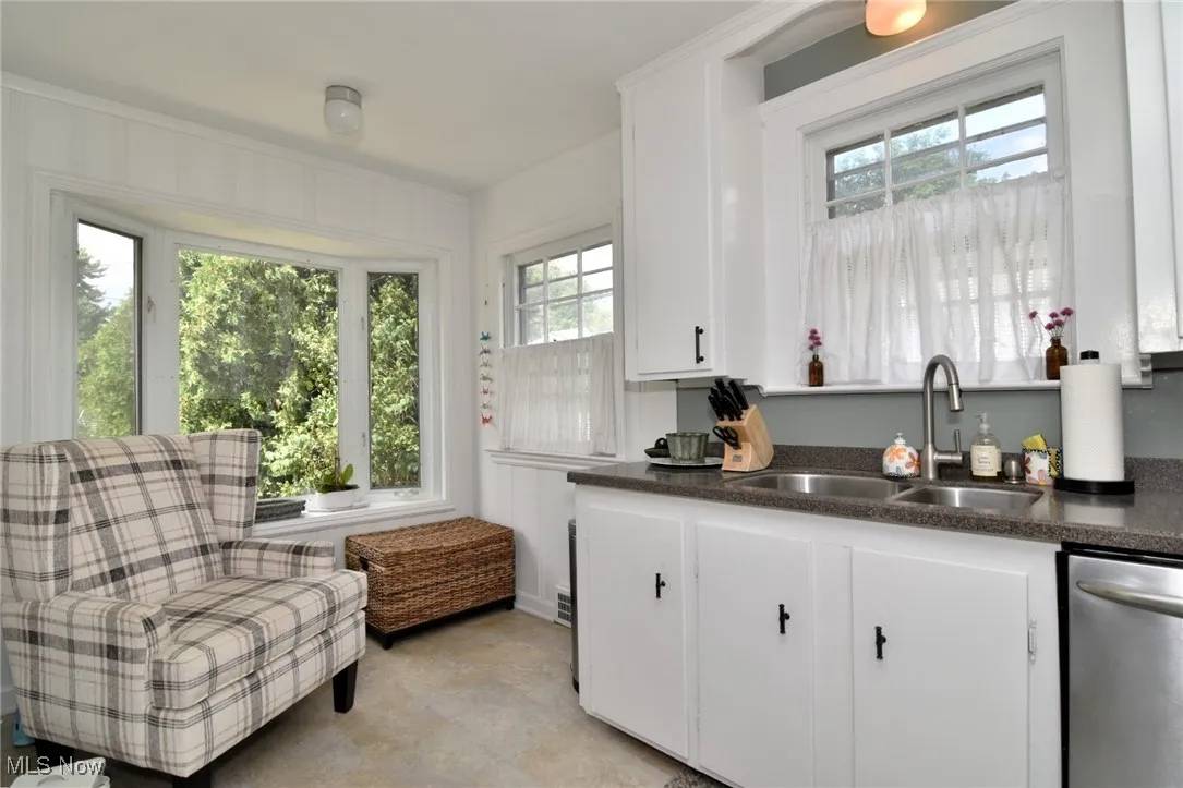 Kitchen with dishwasher, white cabinetry, and dark stone countertops