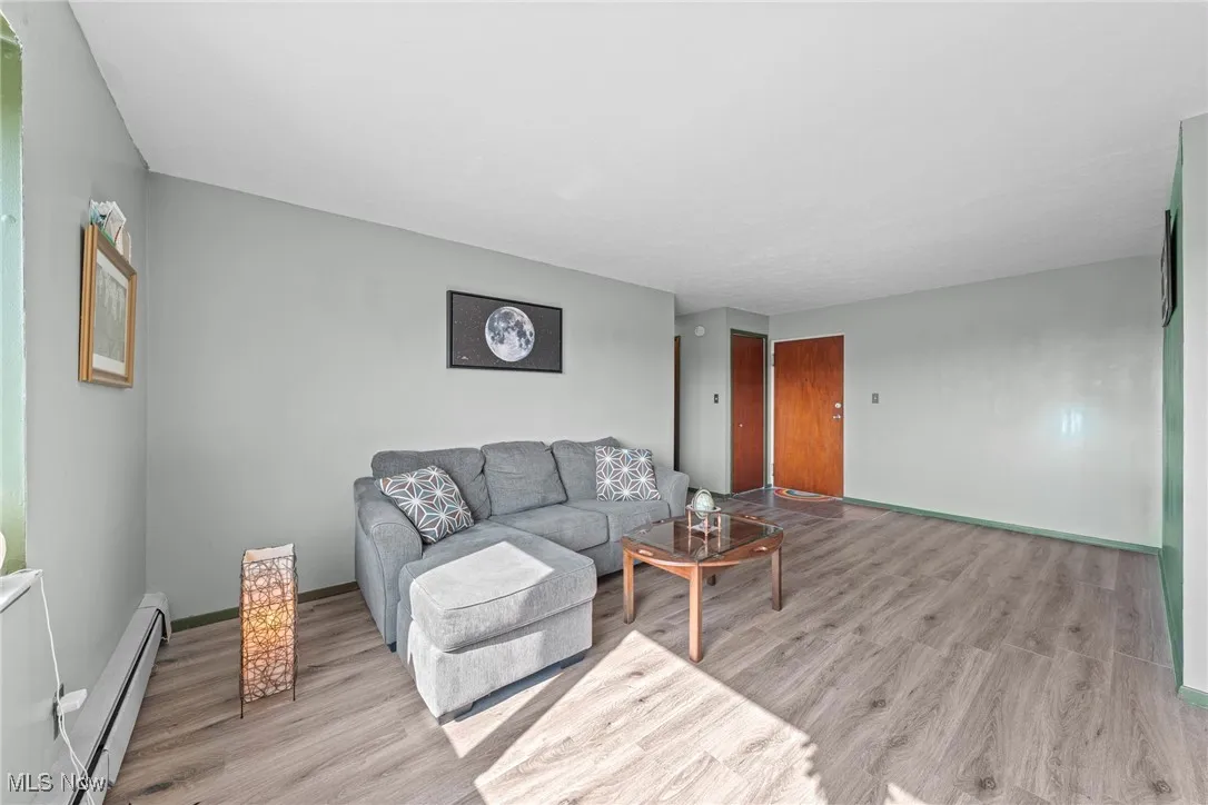 Living room with light wood-style floors and baseboard heating