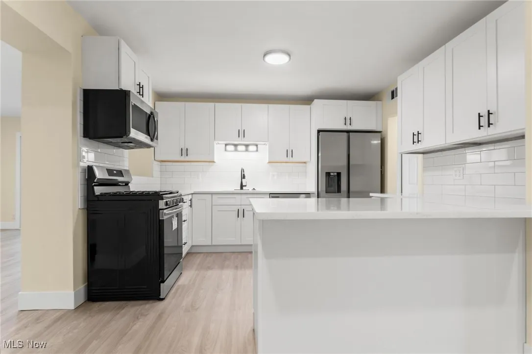 Kitchen with stainless steel appliances, a peninsula, white cabinetry, light wood-style flooring, and decorative backsplash