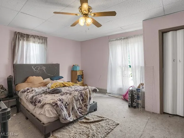 Carpeted bedroom featuring multiple windows and a ceiling fan