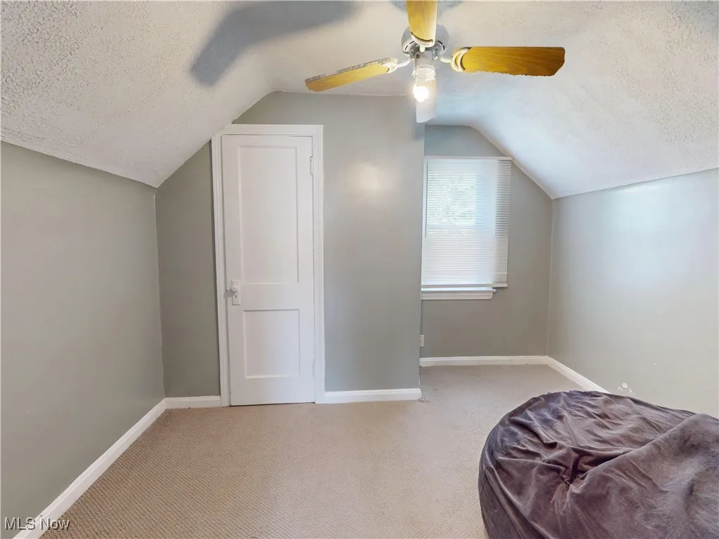 Additional living space with a textured ceiling, carpet floors, lofted ceiling, and ceiling fan